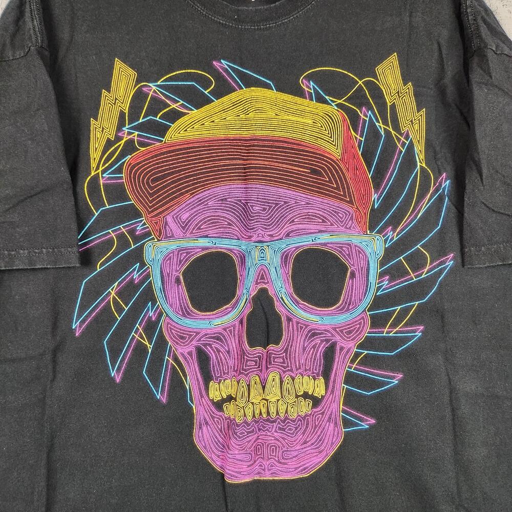 Vintage Skull Graphic Shirt Mens 2XL Black Neon Colorful Glasses Rave Techno Y2k